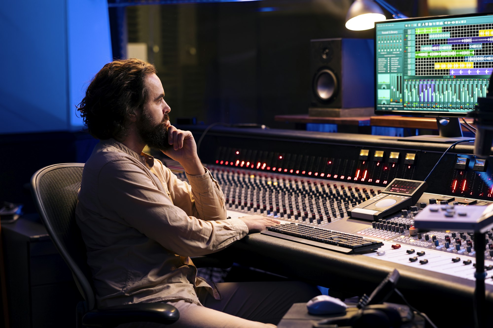 Tracking engineer uses audio console in professional recording studio