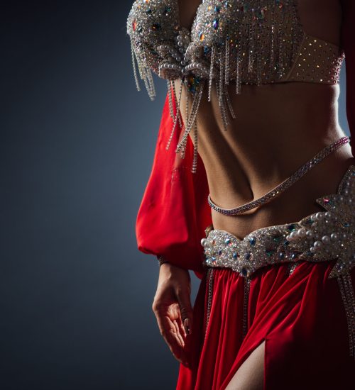 Beautiful belly dance of a girl in a red decorated ethnic dress in the dark